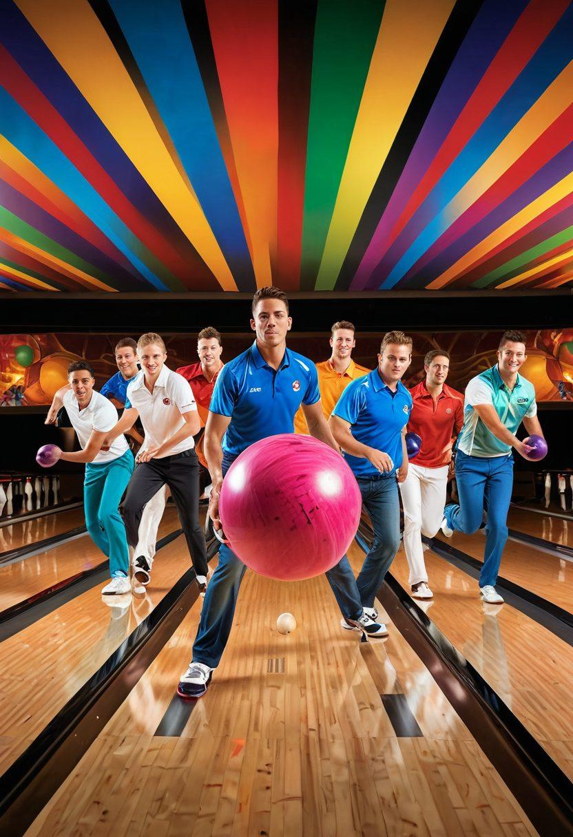 A dynamic scene showing a diverse group of bowlers in action, each representing different leagues and tournaments, with bowling balls in motion and colorful pins flying. The background features banners of various tournaments and a collage of trophy images. The atmosphere is lively, capturing the spirit of competition and camaraderie among bowlers. The overall design should be vibrant and engaging, showcasing the importance of comprehensive insurance in the sport. super-realistic. vibrant colors. high detail.