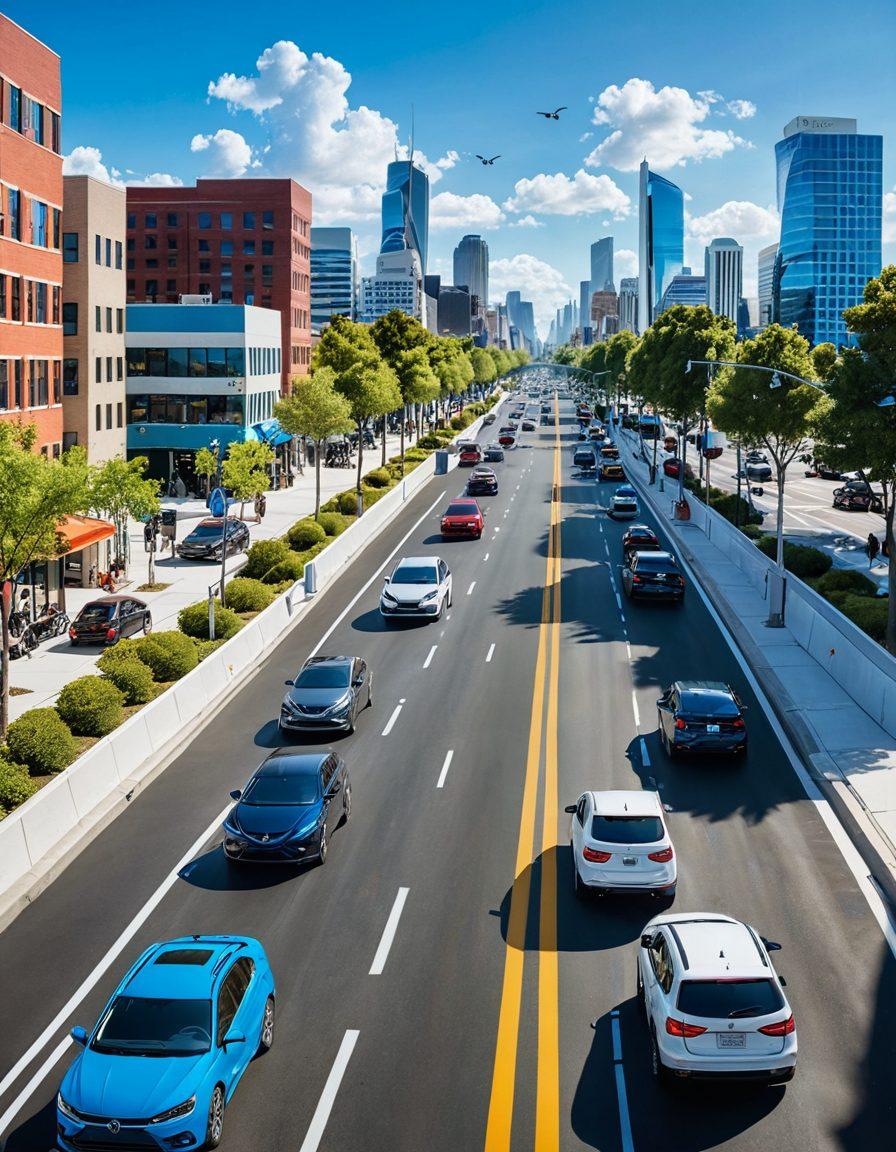 A serene road with clear lane markings, featuring diverse drivers in various vehicles like cars, bicycles, and motorcycles, all showcasing safety gear and insurance symbols subtly included. The sky is bright and inviting, suggesting a beautiful day for travel, while icons of coverage options like health and car insurance float in the background. The scene conveys a sense of security and community. super-realistic. vibrant colors. clear blue sky.