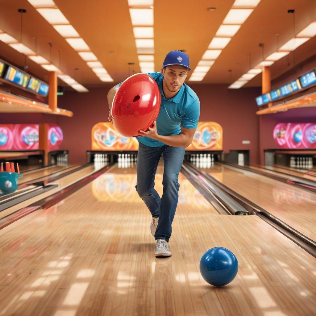 A bowler in full action, throwing a bowling ball with a protective insurance shield encircling them, symbolizing safety and insurance. The background features vibrant bowling alleys with colorful bowling pins in motion. Incorporate subtle icons representing different insurance policies floating around, like health, life, and accident symbols. Emphasize a sense of balance and protection in the scene. super-realistic. vibrant colors. dynamic composition.